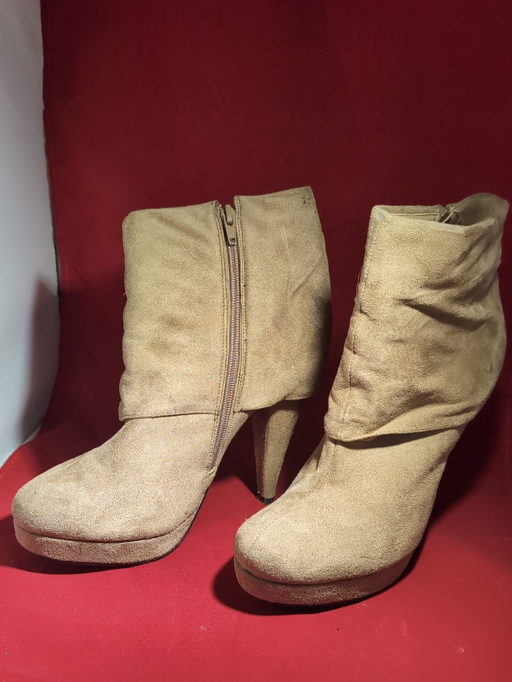Suede-like Fold-Over Ankle Booties in Light Brown
